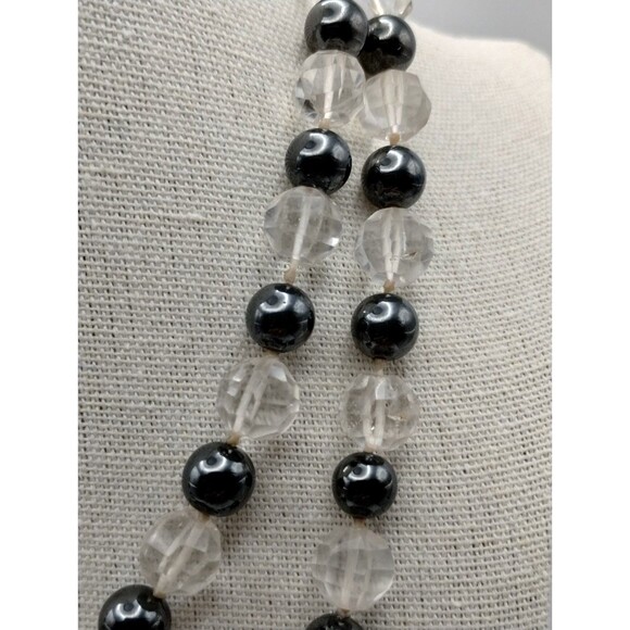 Necklace Black Spinel Clear Rock Crystal Faceted Hand Knotted. Art Deco 18" - Picture 2 of 4